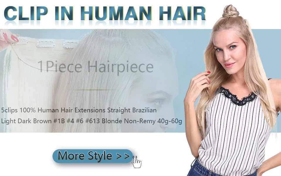 S-noilite 1Piece In 5clips 100% Human Hair Extensions Straight Brazilian Light Dark Brown #1B #4 #6 #613 Blonde Non-Remy 40g-60g