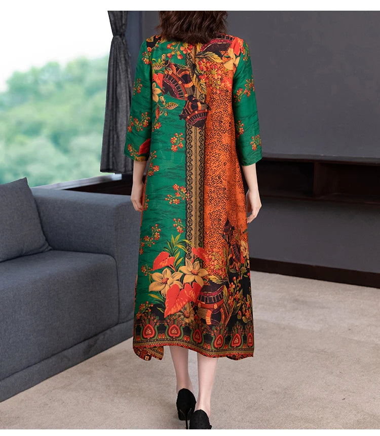 2024 Boho Vintage Print Natural Silk Midi Dresses Summer Loose Casual Dress Elegant Women Bodycon Party Vestidos