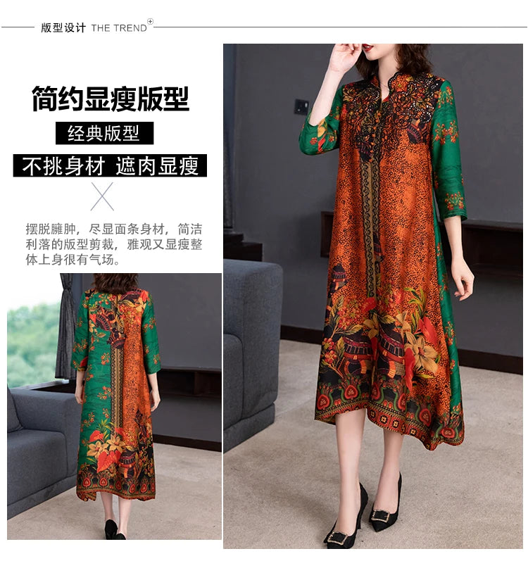 2024 Boho Vintage Print Natural Silk Midi Dresses Summer Loose Casual Dress Elegant Women Bodycon Party Vestidos