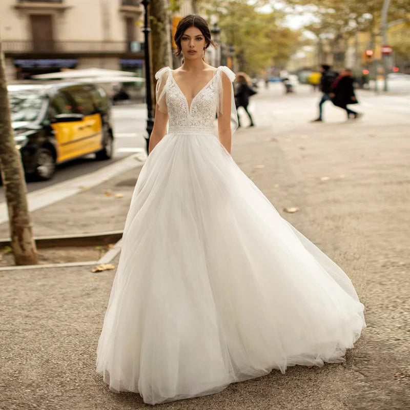 Bride Gown For Woman Illusion A-Line Bow Sashes Bridal Gowns O-Neck Satin Appliques Half Sleeves Wedding Dresses Robe De Mariée
