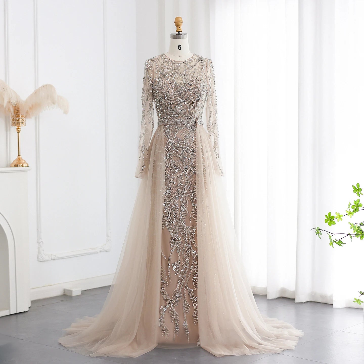 Sharon Said SS183 Luxury Champagne Mermaid Muslim Evening Dress with Tulle Overskirt Women Wedding Formal Party Gown Prom Dress