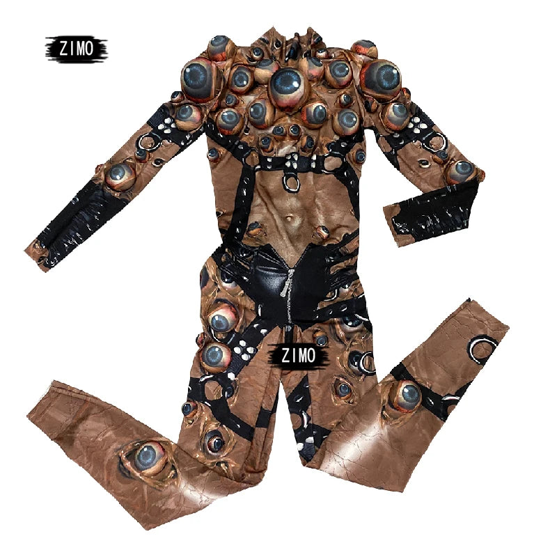 Halloween Men Women Horror Costume 3D Eye Novelty Jumpsuit Coat Stretch Rompers Nightclub Party Scary Stage Drag Queen Costumes