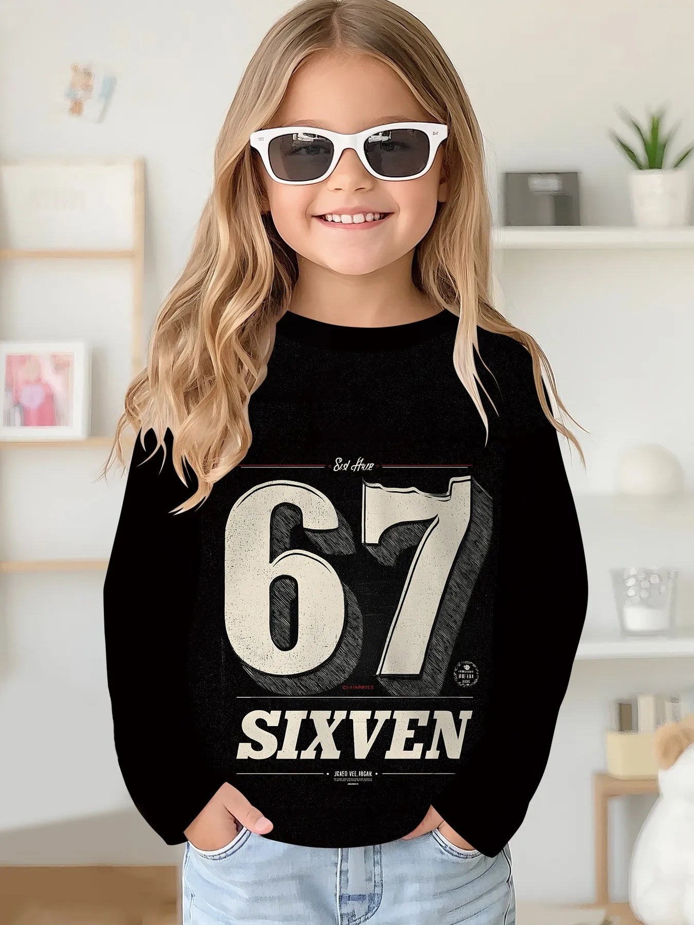 2025 Spring and Autumn Girls Korean Edition Loose Round Neck Long Sleeve T-shirt Top