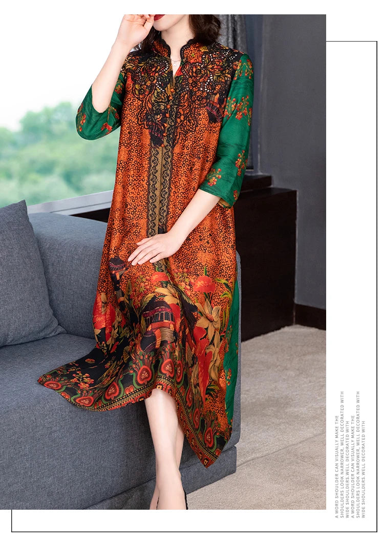 2024 Boho Vintage Print Natural Silk Midi Dresses Summer Loose Casual Dress Elegant Women Bodycon Party Vestidos