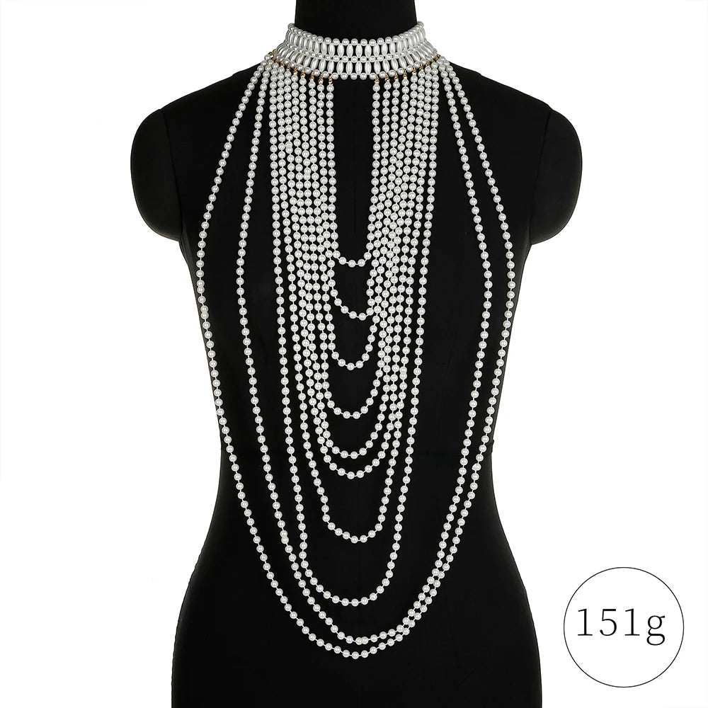 Sexy Pearl Body Chain For Women Necklaces Shawl Female Punk Style Beaded Collar Shoulder Sweater  Long Chain Bridal Body Jewelry