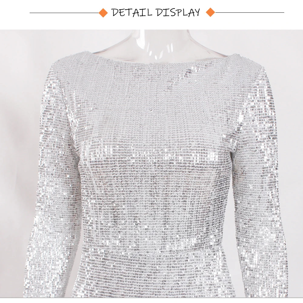 Modest Green Long Sleeve Mermaid Sequin Evening Gown Formal Dress Gold O Neck Stretch Women Wedding Party Maxi Cocktail Dresses