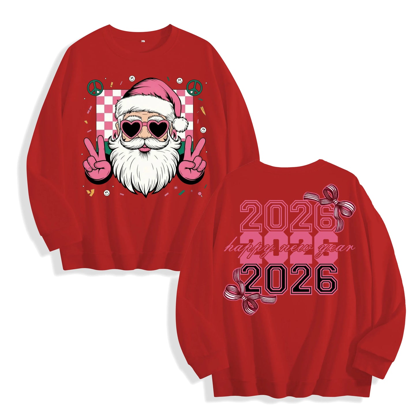 Retro Funky Pink Santa 2026 New Year Graphic Long Sleeve, US Warehouse, Customizable Design