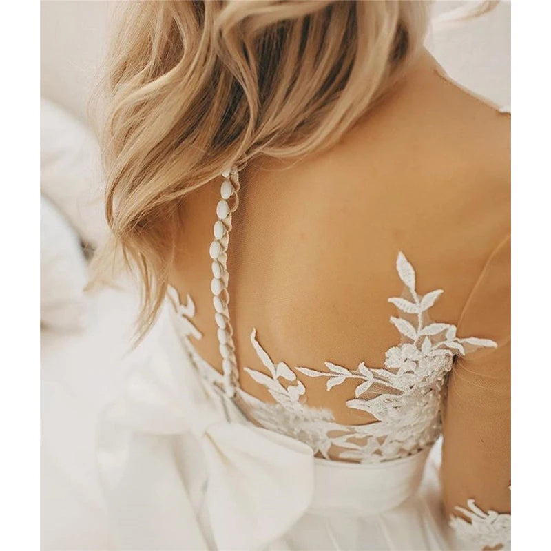 Bride Gown For Woman Illusion A-Line Bow Sashes Bridal Gowns O-Neck Satin Appliques Half Sleeves Wedding Dresses Robe De Mariée