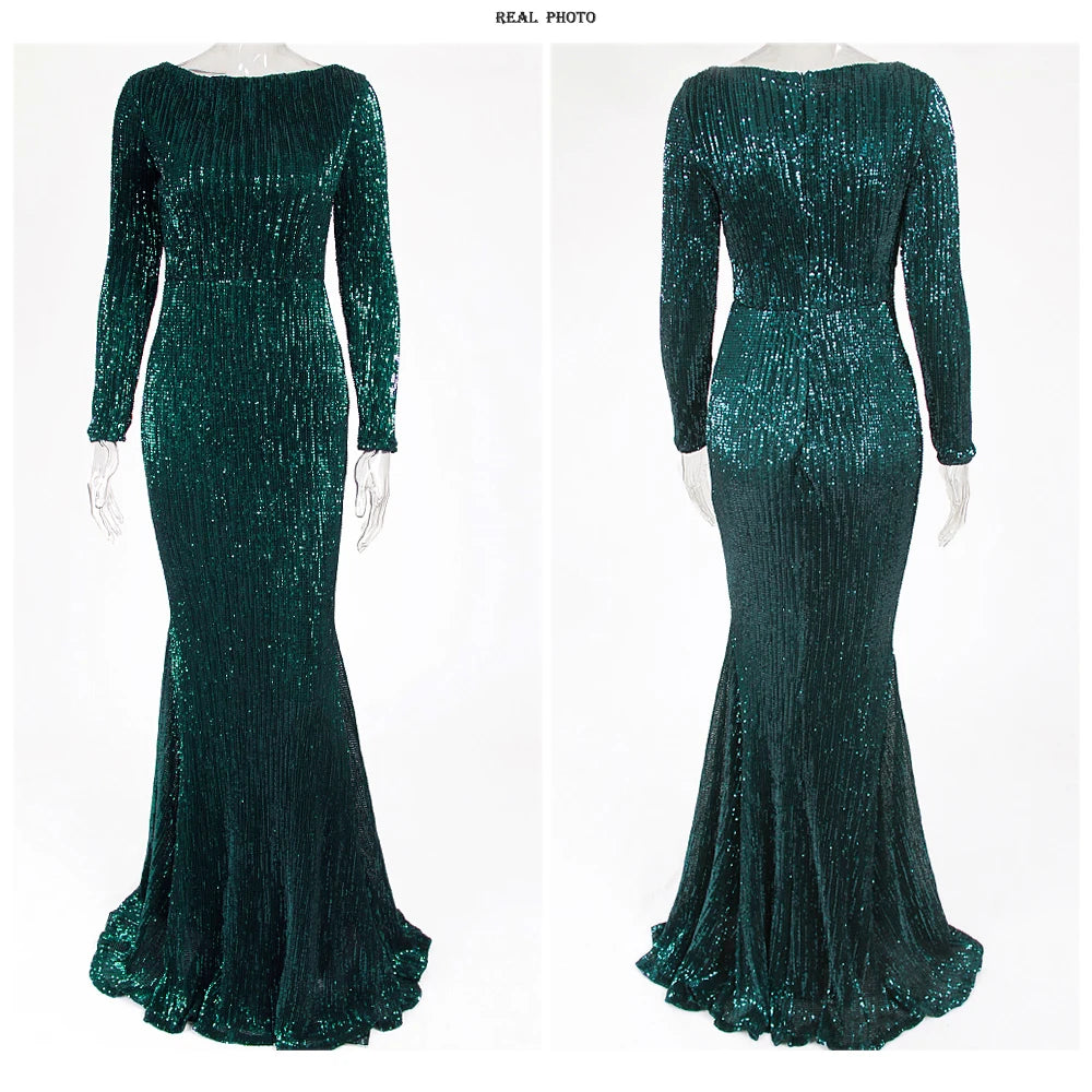 Modest Green Long Sleeve Mermaid Sequin Evening Gown Formal Dress Gold O Neck Stretch Women Wedding Party Maxi Cocktail Dresses