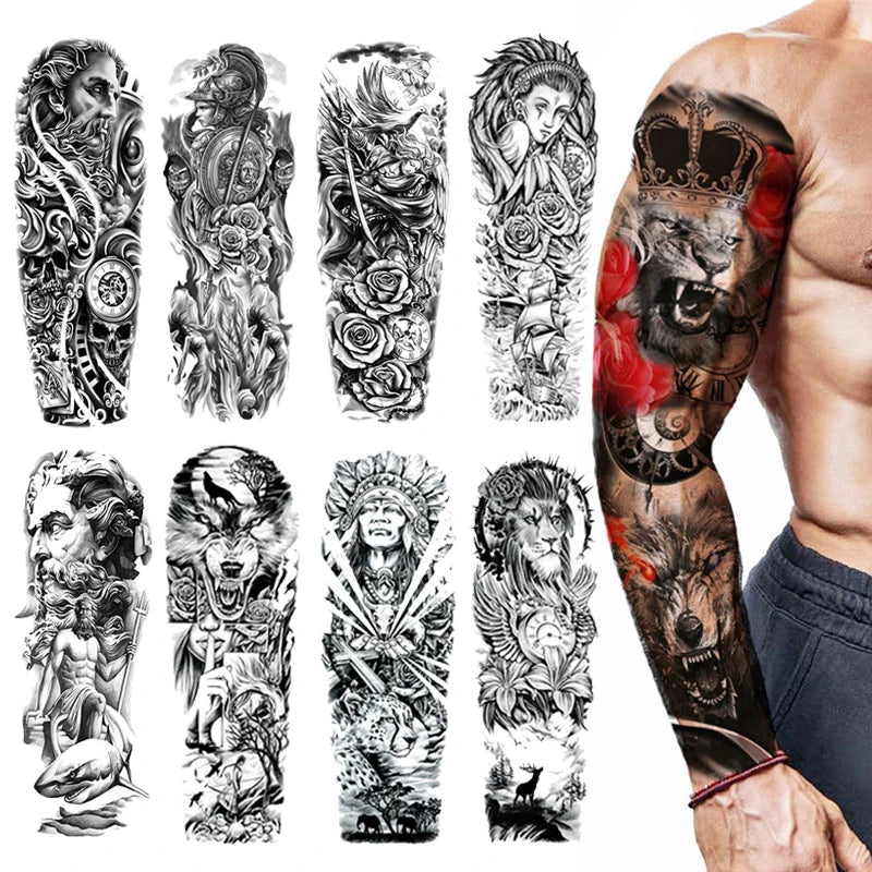 Large Arm Sleeve Tattoo Rose Gear Clock Eye Waterproof Temporary Tatto Sticker Lion Wolf King Body Art Full Fake Tatoo Women Men