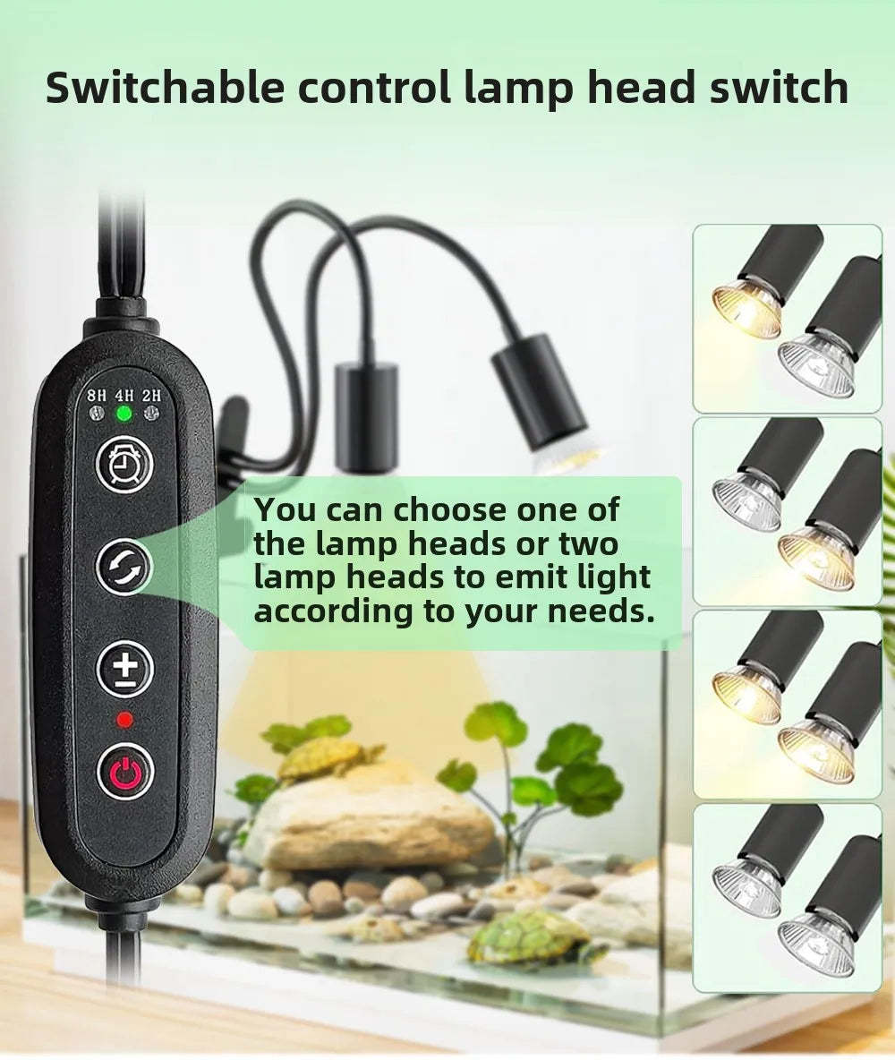 Reptile Heat Lamp Double-Head Lamp with Clamp UV UVB Reptile Light with Intelligent Cycle Timer for Turtle Bearded Dragon Lizard