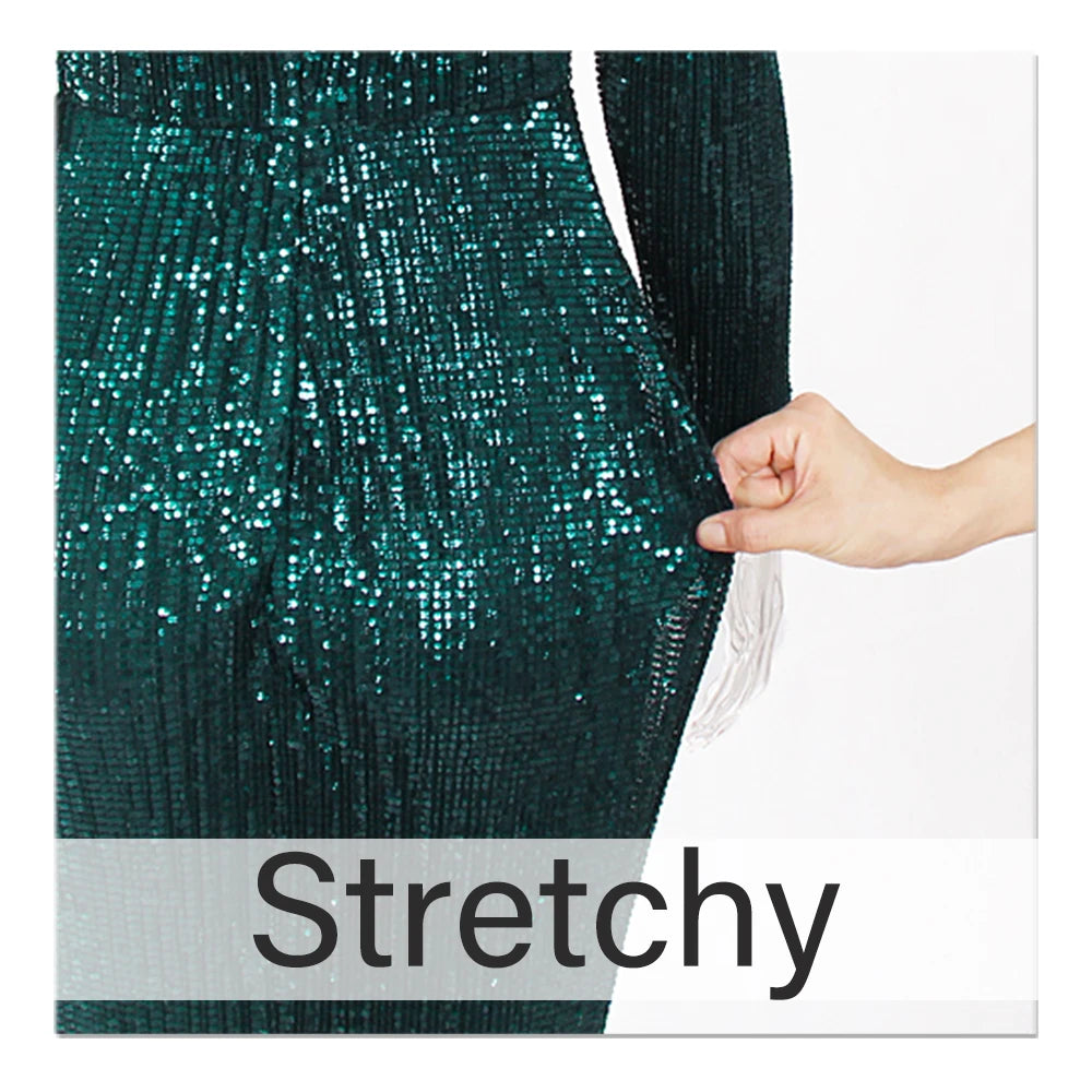 Modest Green Long Sleeve Mermaid Sequin Evening Gown Formal Dress Gold O Neck Stretch Women Wedding Party Maxi Cocktail Dresses