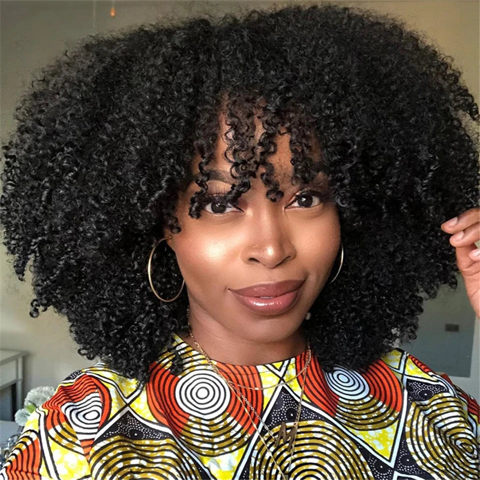 Mongolian Afro Kinky Curly Human Hair Wig Bob With Bangs For Black Women 180% 250% Density Brazilian Remy Full Machine Made Hair