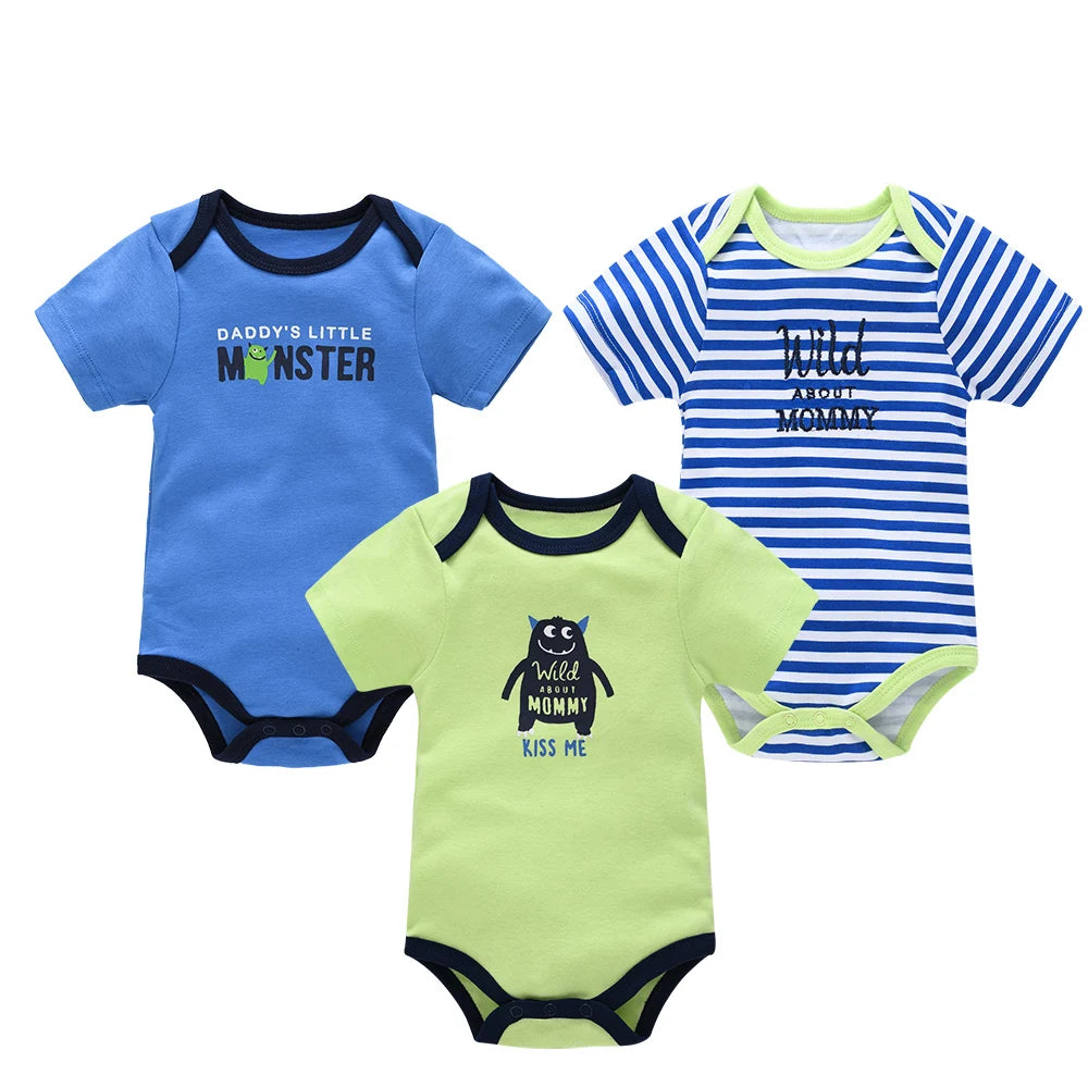 3 Pcs/set New Baby Boy Clothes Summer 100%Cotton Blue Grey Tie Print Three Piece Short Sleeve Bodysuit vetements bebe For 0-12M
