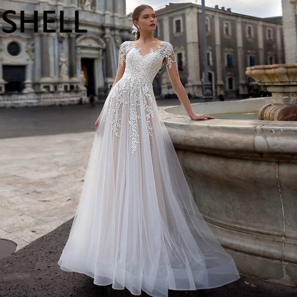 Bride Gown For Woman Illusion A-Line Bow Sashes Bridal Gowns O-Neck Satin Appliques Half Sleeves Wedding Dresses Robe De Mariée