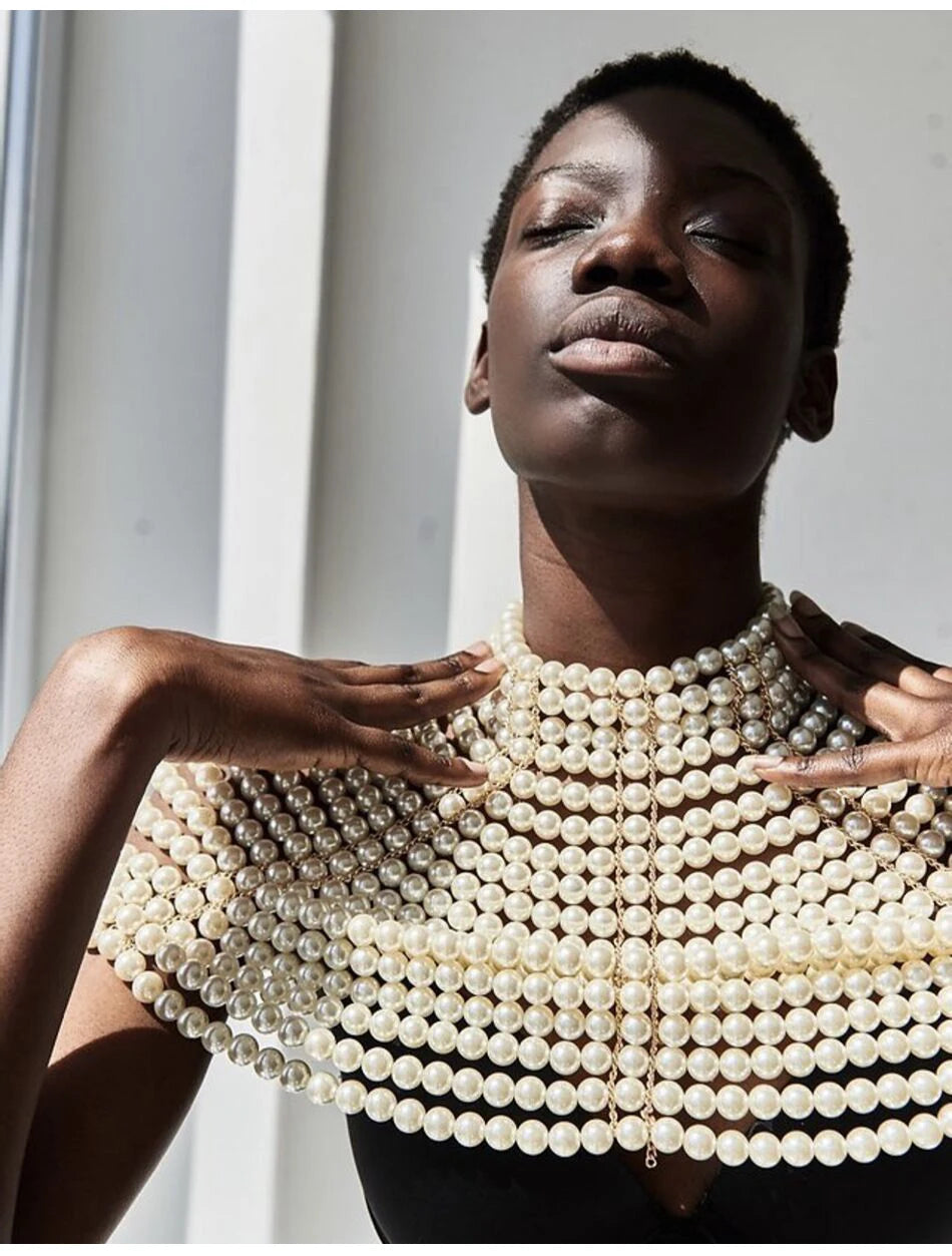 Luxury Women's Pearl Body Chain Necklaces Collar Shoulder Fashion Tops Beaded Necklaces Popular Jewelry Accessory