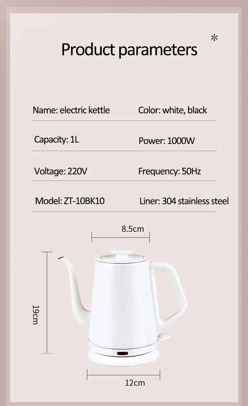 220V Electric Kettle Household Gooseneck TeaPot 1.0L Water Boiler Hand Brewing Coffee Pot Tea Maker 304 Stainless Steel Liner