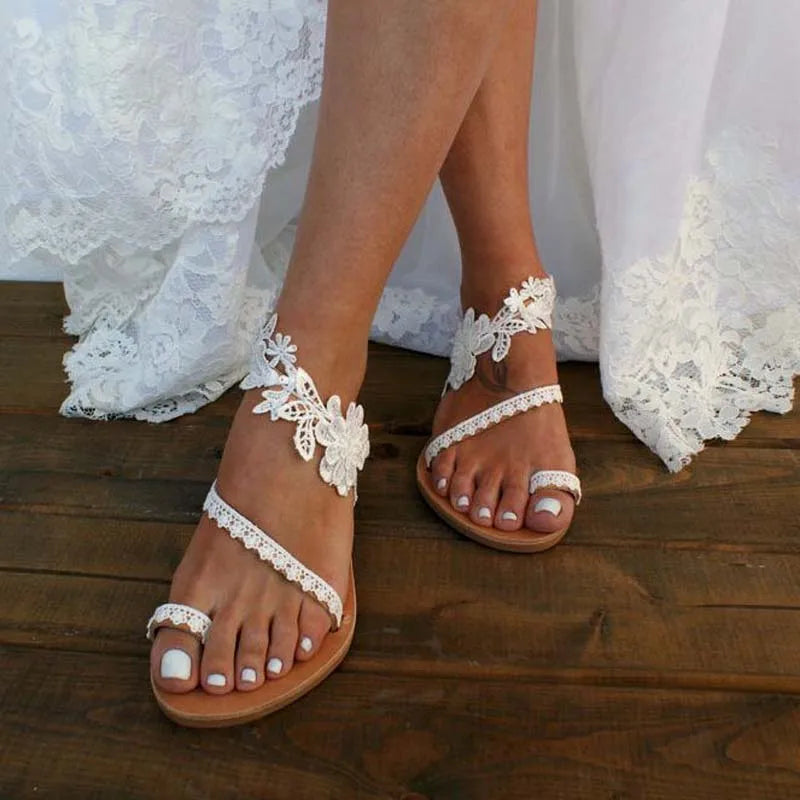 2025 White Lace Sandals Women Flip Flops Flat Sandals Women Bohemia Beach Shoes Women Plus Size Summer Fashion Woman WSH3628