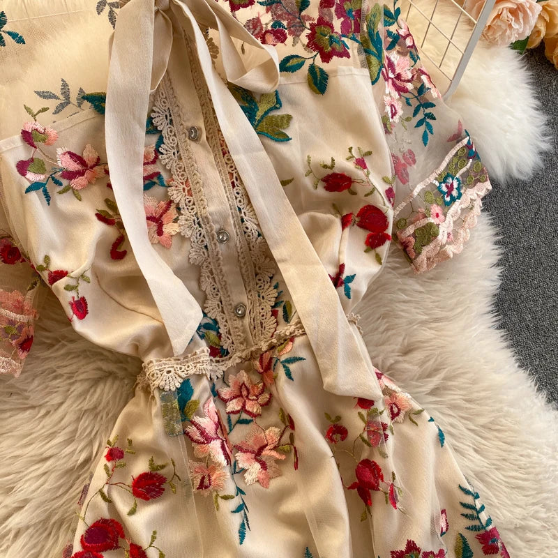 Guilantu Mesh Embroidery Floral Office Dress Women Summer Short Sleeve Tulle Vintgae Dress Elegant Sexy Club Party Dresses