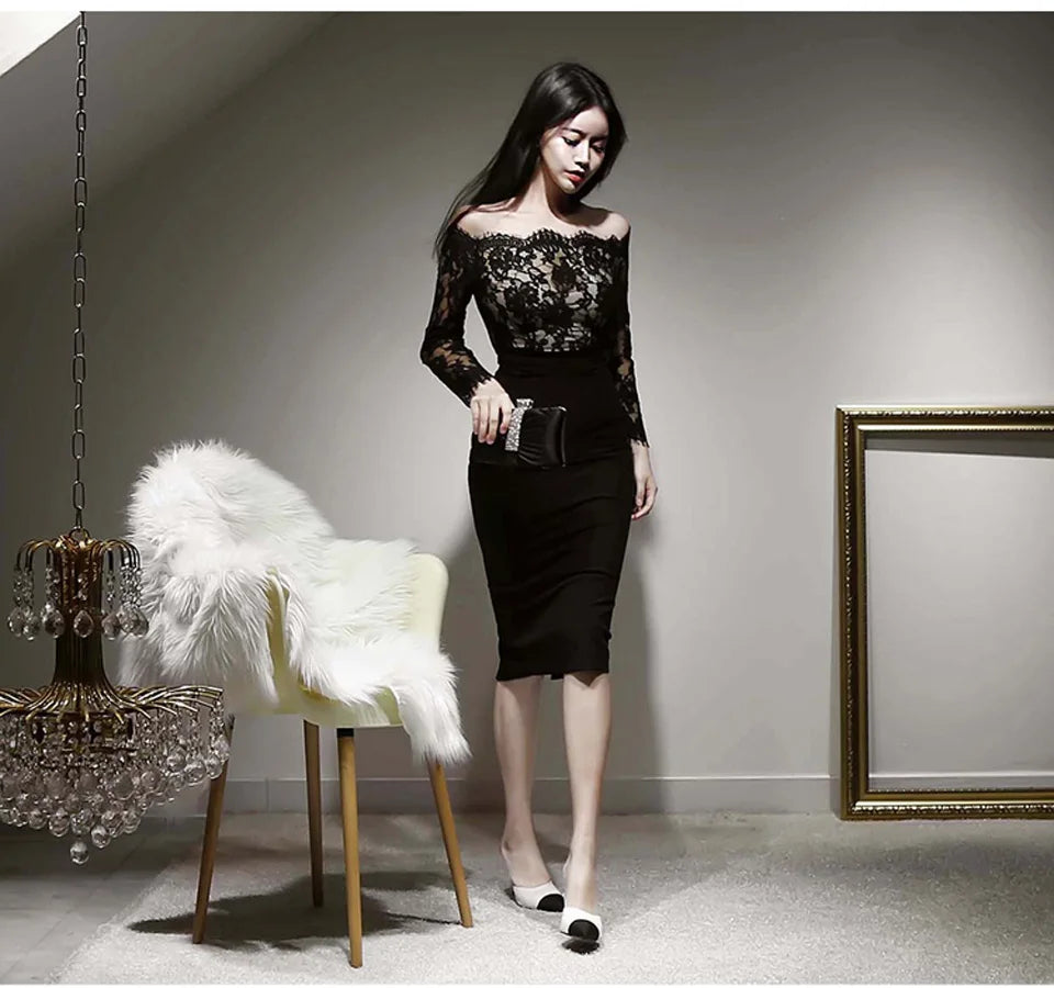 Black High Waist Lady Dress Spring Sexy Off The Shoulder Slash Neck Lace Long Sleeves Temperament Elegant Party Dress Women
