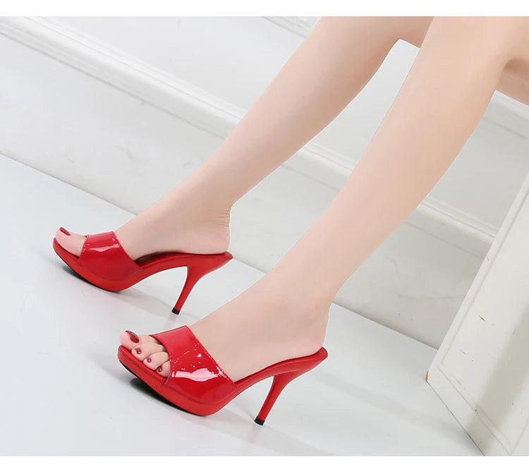 High Heel Sandals Women Shoes 2020 Summer New Slippers Red Fine Heel Patent Leather Women Open Toe Plus Size Sexy Ladies Banquet