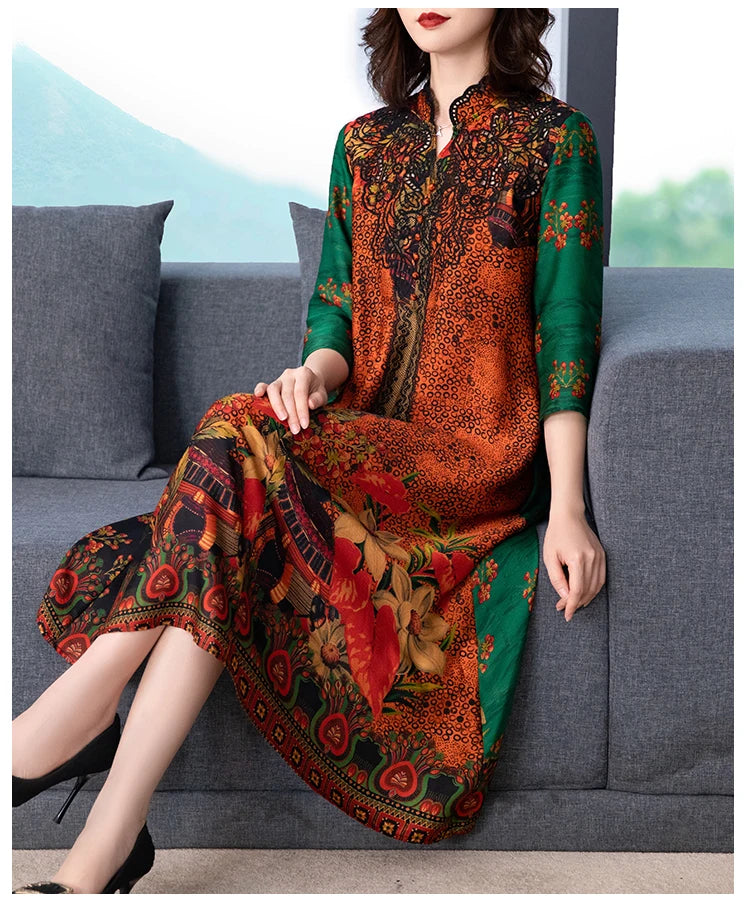 2024 Boho Vintage Print Natural Silk Midi Dresses Summer Loose Casual Dress Elegant Women Bodycon Party Vestidos