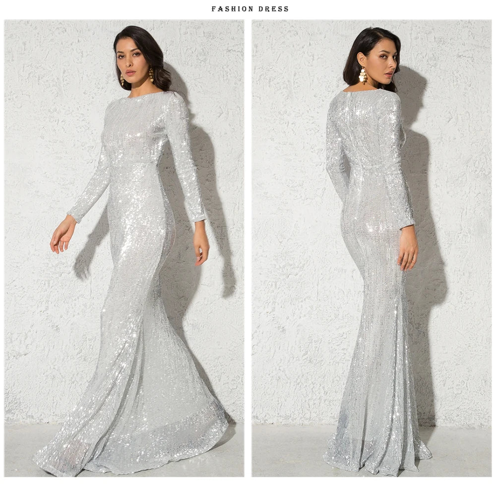 Modest Green Long Sleeve Mermaid Sequin Evening Gown Formal Dress Gold O Neck Stretch Women Wedding Party Maxi Cocktail Dresses