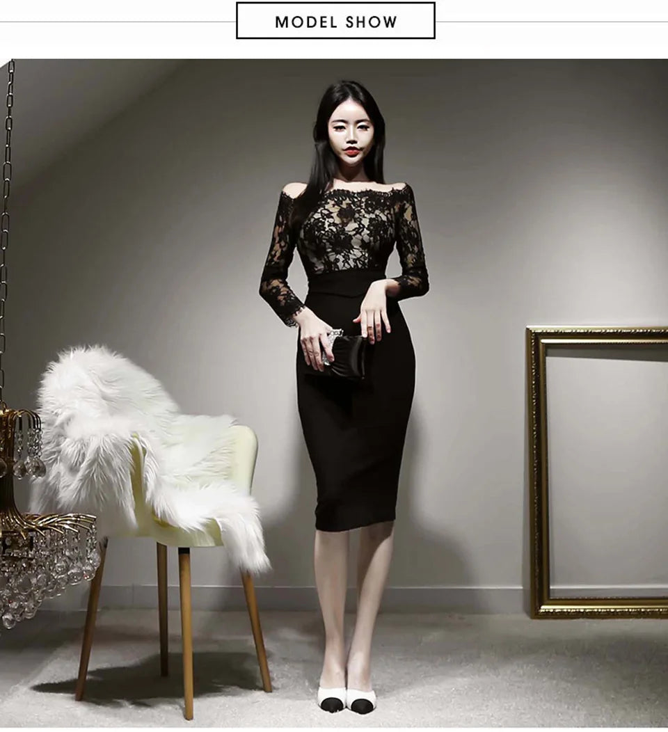 Black High Waist Lady Dress Spring Sexy Off The Shoulder Slash Neck Lace Long Sleeves Temperament Elegant Party Dress Women