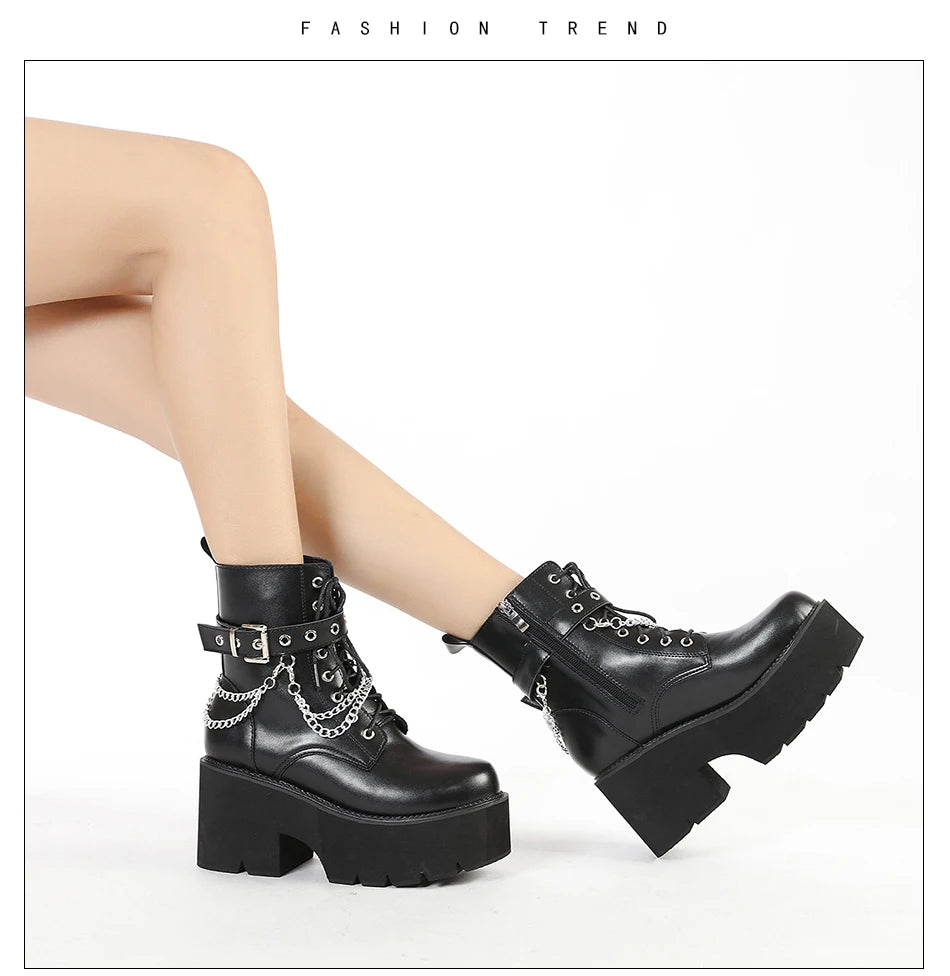 Gdgydh Modern Boots Woman Shoes Gothic Metal Decoration Black Boots Women Heels Sexy Chain Chunky Heel Platform Footwear Zipper