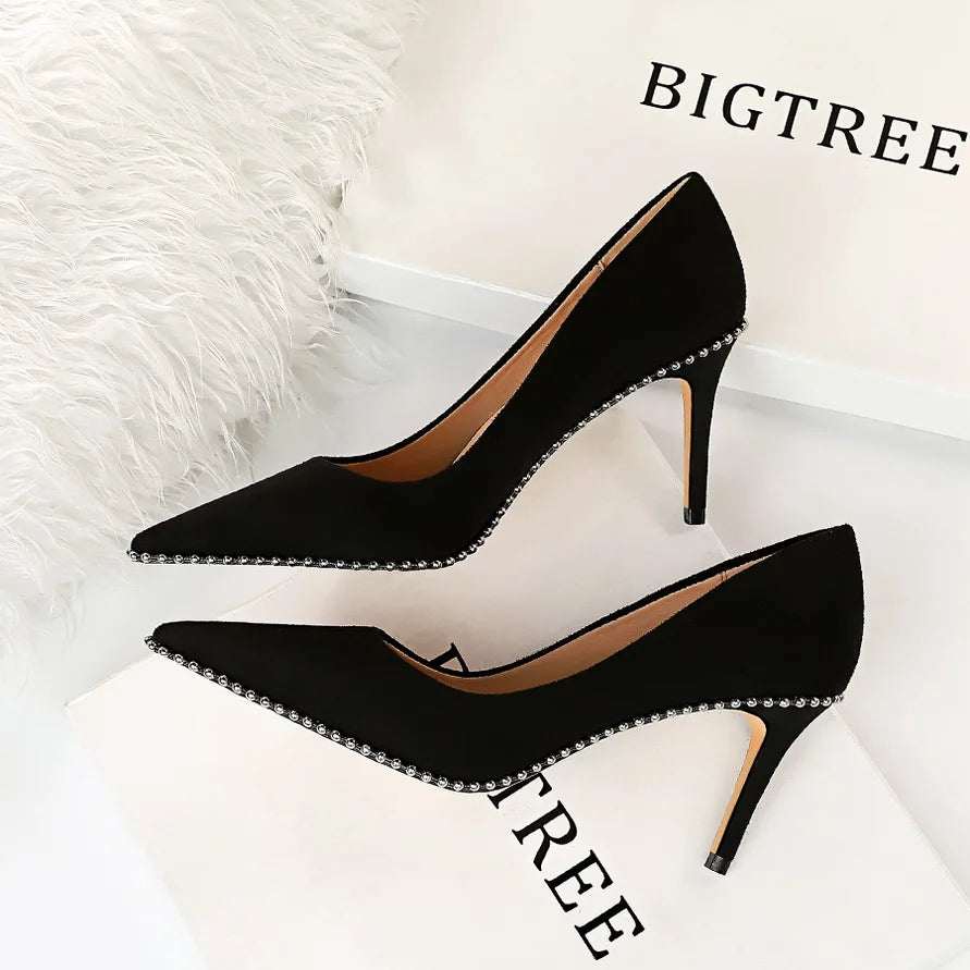 BIGTREE Shoes Black Heels Metal Beads Woman Pumps Suede High Heels Stiletto Wedding Shoes Women Heels Female Plus Size 41 42 43