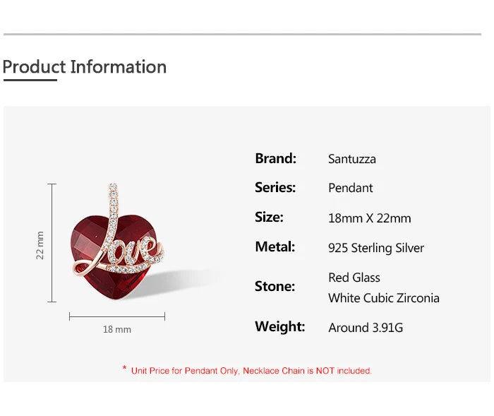 SANTUZZA Authentic 925 Sterling Silver Pendant for Women Red Stones White CZ Love Heart Pendant Valentines Gifts Fine Jewelry