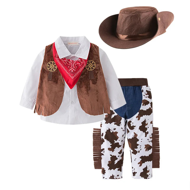 New fashion Baby boy romper costume infant toddler cowboy clothing set hat+scarf+romper halloween purim event birthday outfits