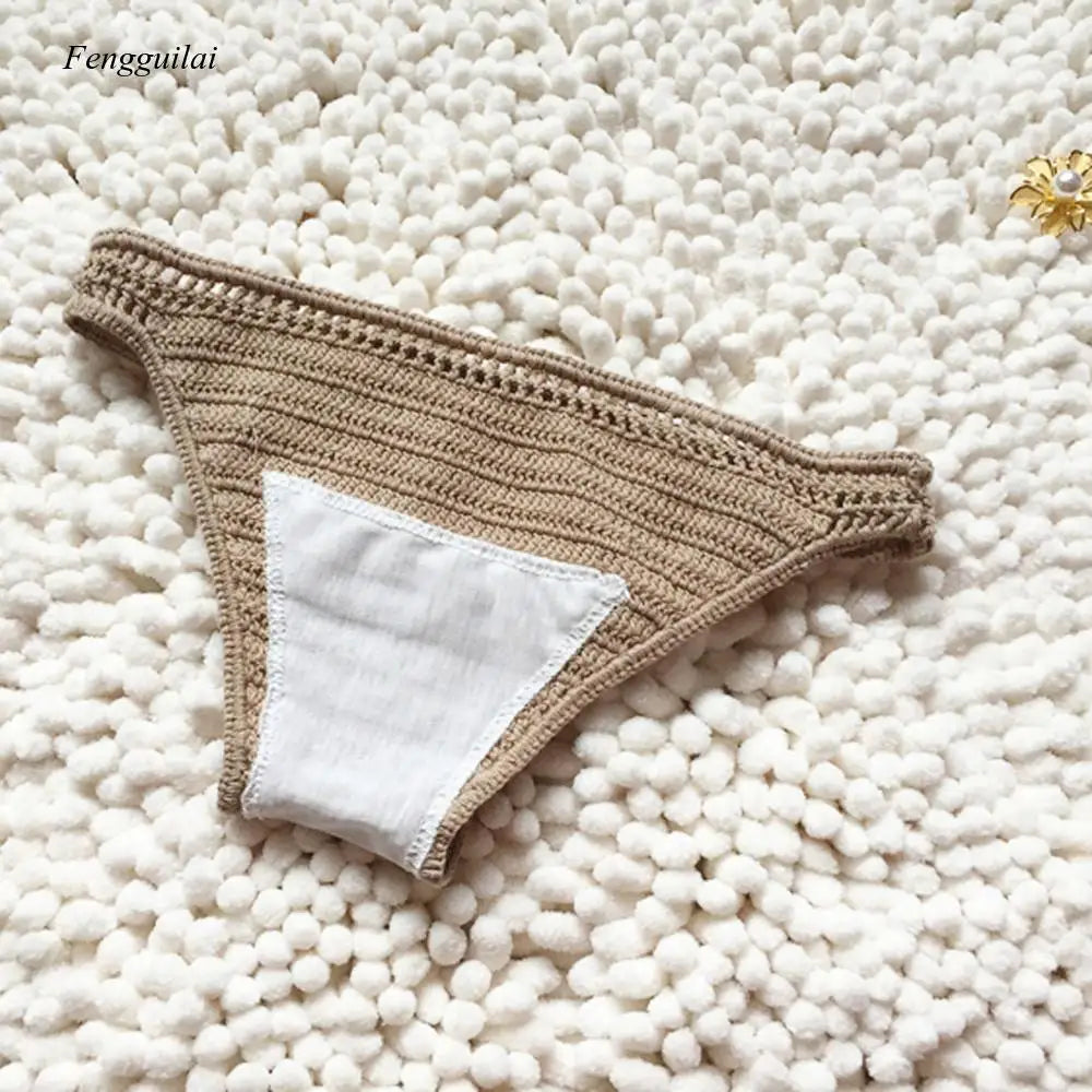Bikini 2024 Knitting Swimsuit Crochet Bohemia Style Off Shoulder High Neck Bathing Beach Handmade Crochet