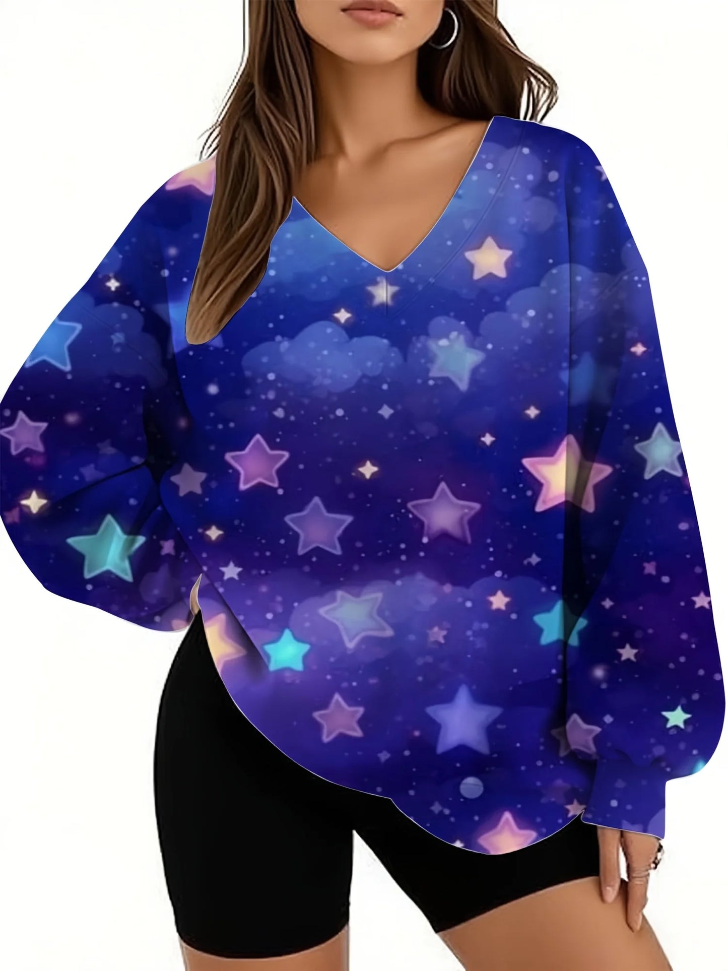 Starry Sky Gradient Pattern Printed Women's Versatile Fashion High Quality V-neck Hoodie 2025 New Edition