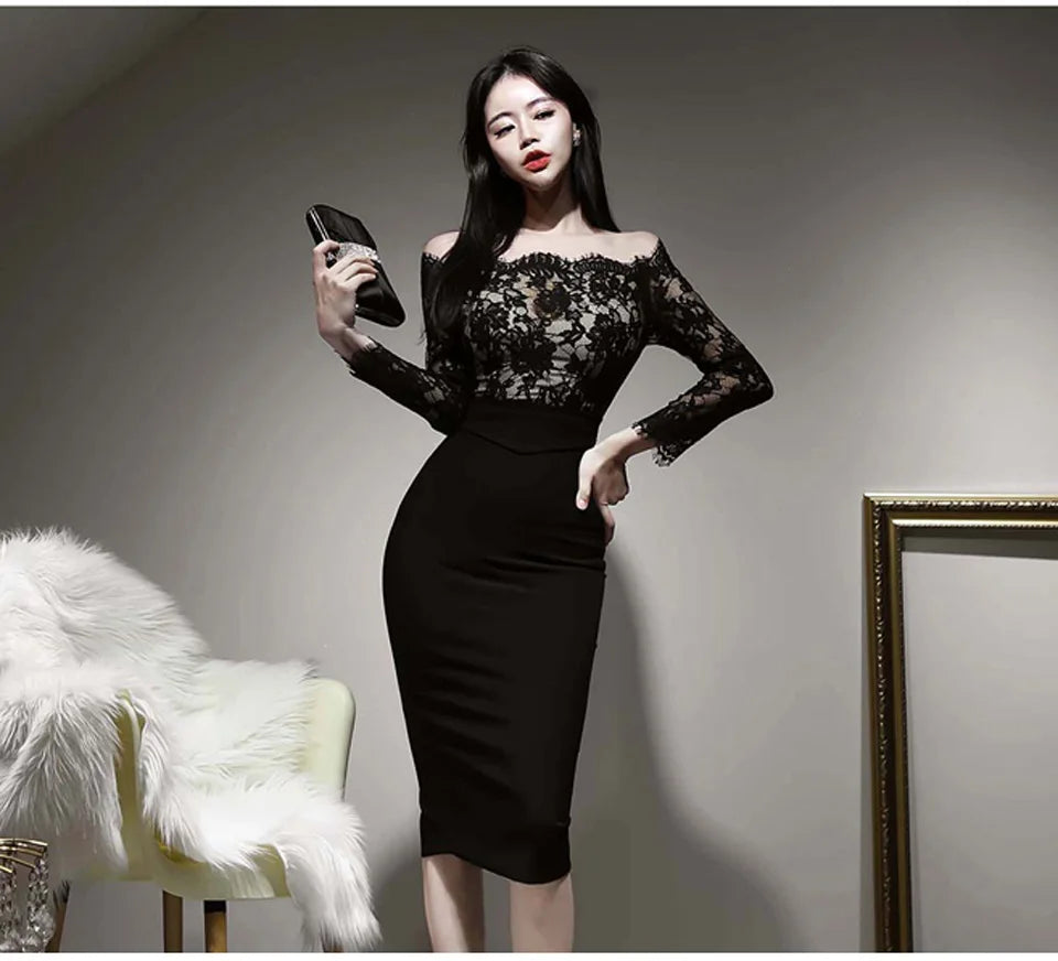 Black High Waist Lady Dress Spring Sexy Off The Shoulder Slash Neck Lace Long Sleeves Temperament Elegant Party Dress Women