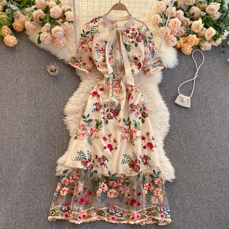 Guilantu Mesh Embroidery Floral Office Dress Women Summer Short Sleeve Tulle Vintgae Dress Elegant Sexy Club Party Dresses