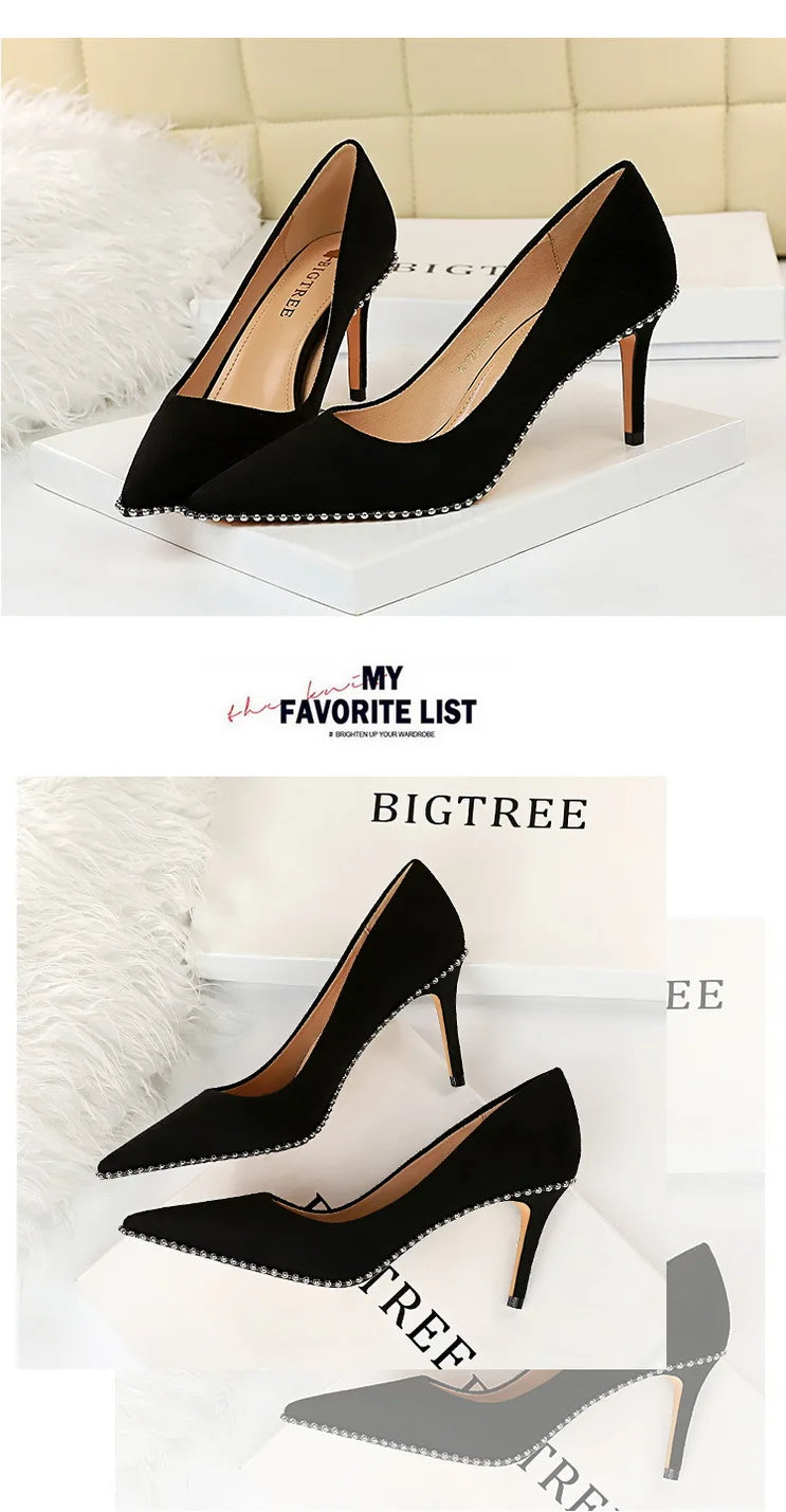BIGTREE Shoes Black Heels Metal Beads Woman Pumps Suede High Heels Stiletto Wedding Shoes Women Heels Female Plus Size 41 42 43