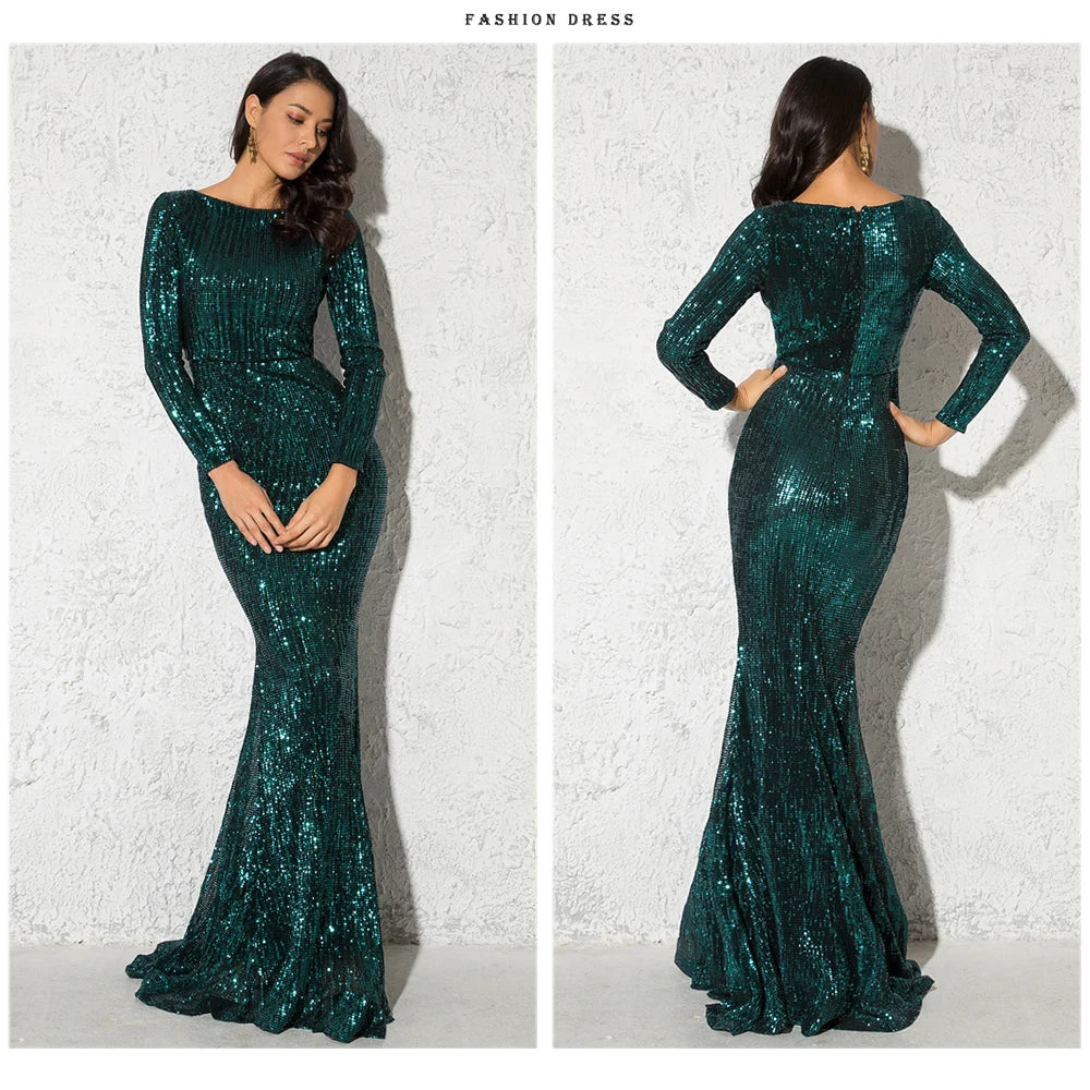 Modest Green Long Sleeve Mermaid Sequin Evening Gown Formal Dress Gold O Neck Stretch Women Wedding Party Maxi Cocktail Dresses