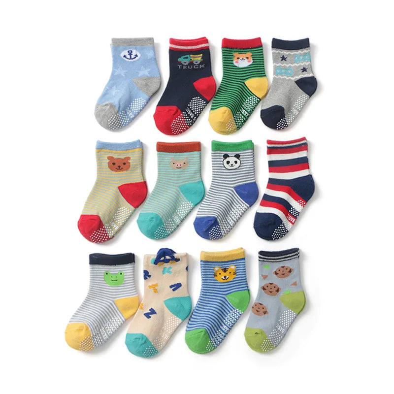 12 Pairs/Lot Cotton Baby 's Floor Socks Boys Girls Non-slip Boat Low Cut Sock with Rubber Grips 1-5Years
