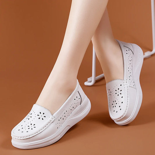 Summer Air Sole Comfortable Slip on Breathable Platform Loafer Casual White Genuine Leather Females Work Nurses Shoes