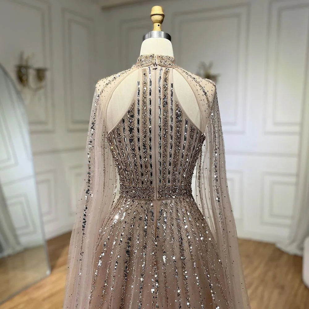 Caramel Arabic a Line Cape Sleeve Beaded Dubai Evening Dresses Serene Hill LA72306A Party Gowns 2024 for Women
