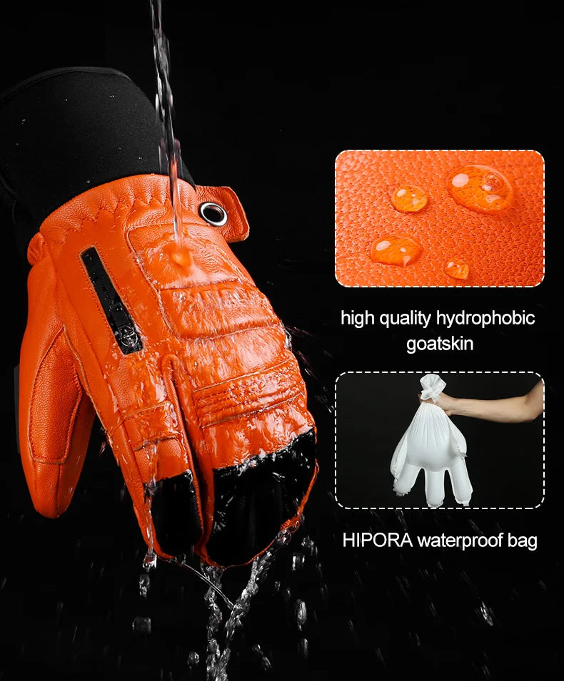 KUTOOK Goatskin Leather Ski Gloves Mittens Waterproof Thicken Winter Snow Snowboard Gloves Thermal Warm Skiing Gloves for Men