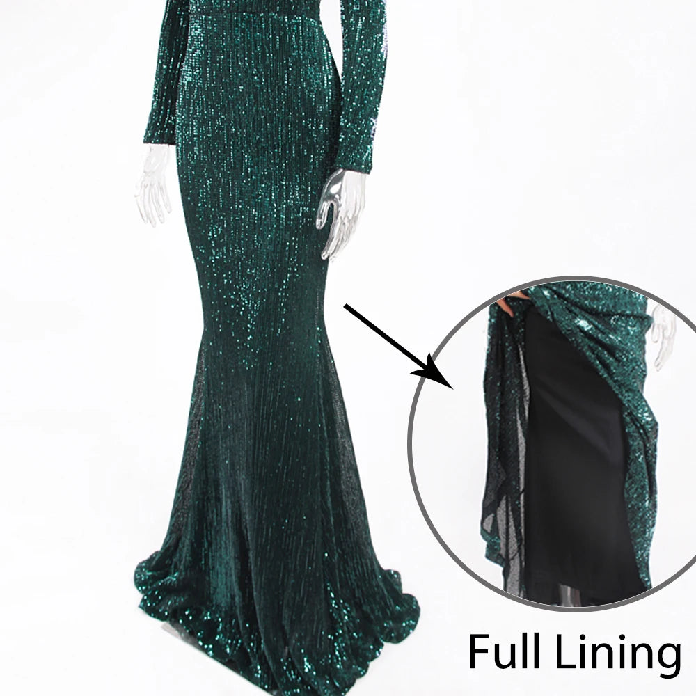 Modest Green Long Sleeve Mermaid Sequin Evening Gown Formal Dress Gold O Neck Stretch Women Wedding Party Maxi Cocktail Dresses