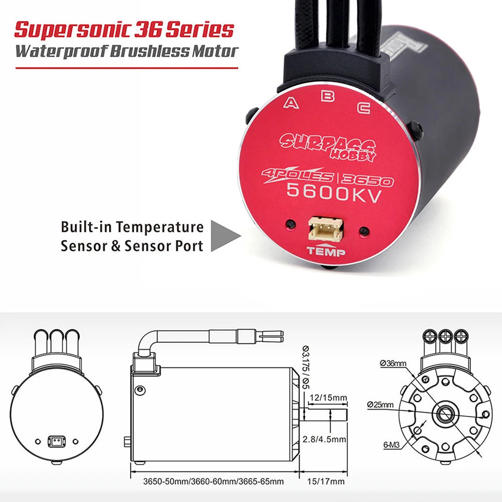 RC Motor Rocket 3650 Brushless Motor 5600KV 4700KV 4350KV 3250KV w/Temp Sensor for 1/8 1/10 RC Car