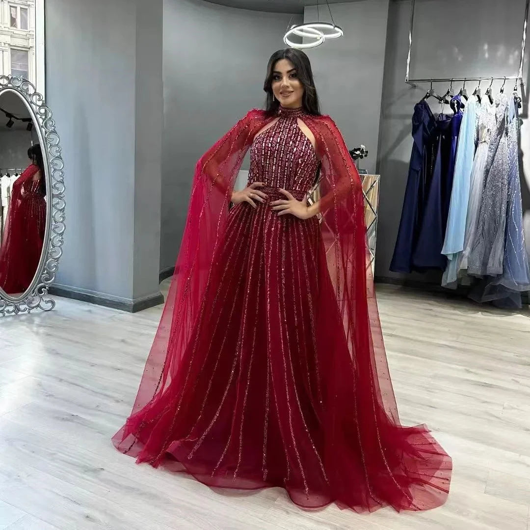 Caramel Arabic a Line Cape Sleeve Beaded Dubai Evening Dresses Serene Hill LA72306A Party Gowns 2024 for Women