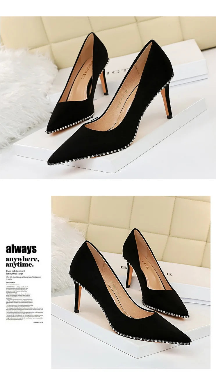 BIGTREE Shoes Black Heels Metal Beads Woman Pumps Suede High Heels Stiletto Wedding Shoes Women Heels Female Plus Size 41 42 43