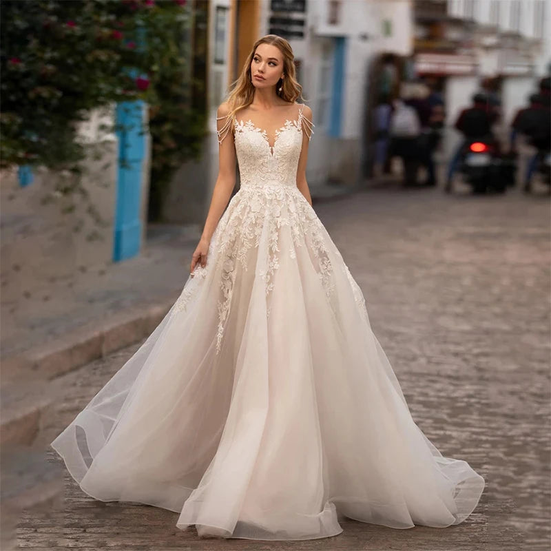 Bride Gown For Woman Illusion A-Line Bow Sashes Bridal Gowns O-Neck Satin Appliques Half Sleeves Wedding Dresses Robe De Mariée