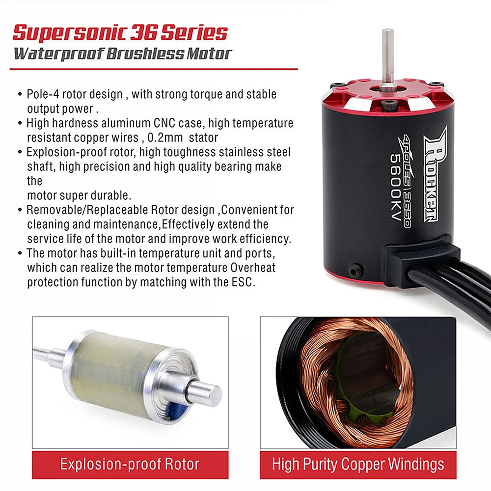 RC Motor Rocket 3650 Brushless Motor 5600KV 4700KV 4350KV 3250KV w/Temp Sensor for 1/8 1/10 RC Car