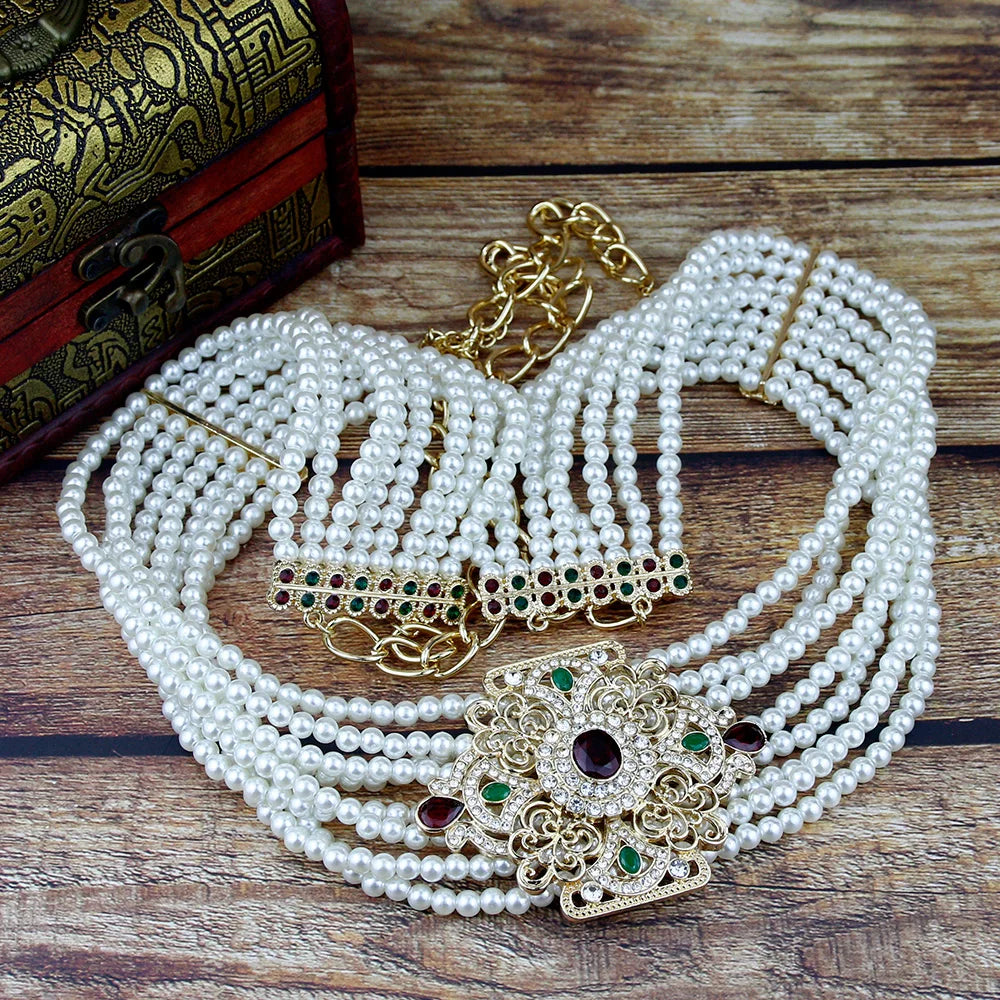 Sunspicems New Women Beaded Waist Belt Chain Pearl Caftan Belt Gold Color Flower Buckle Adjustable Length Wedding Dress Jewelry