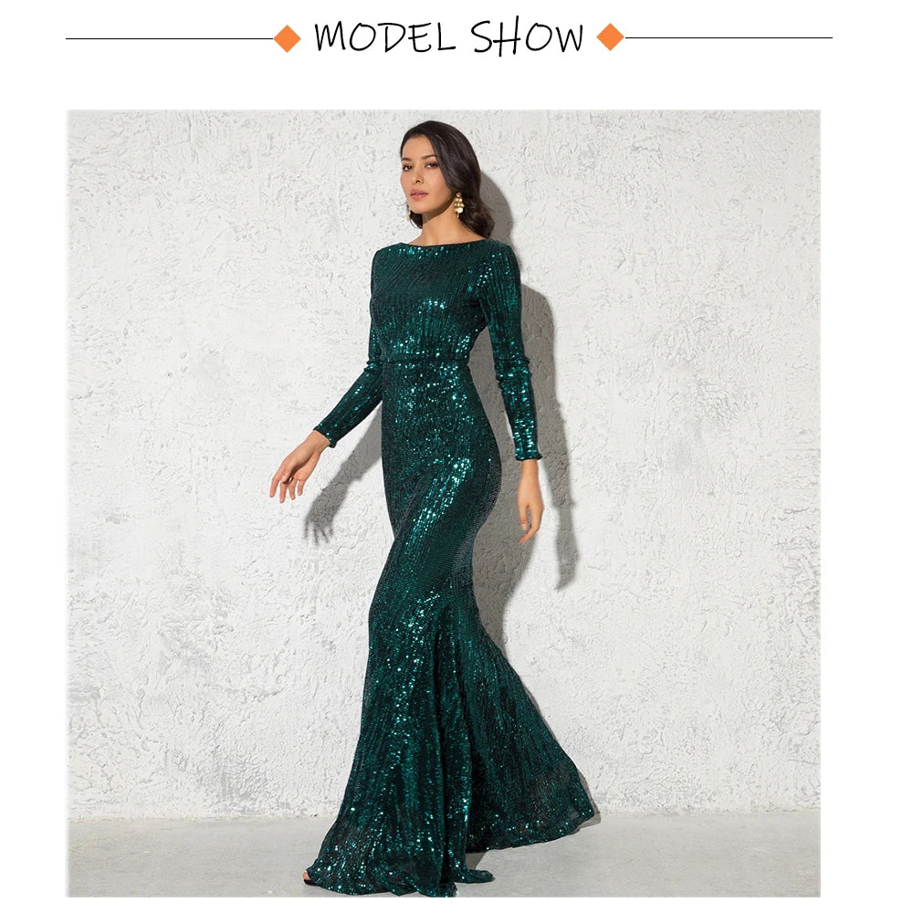 Modest Green Long Sleeve Mermaid Sequin Evening Gown Formal Dress Gold O Neck Stretch Women Wedding Party Maxi Cocktail Dresses